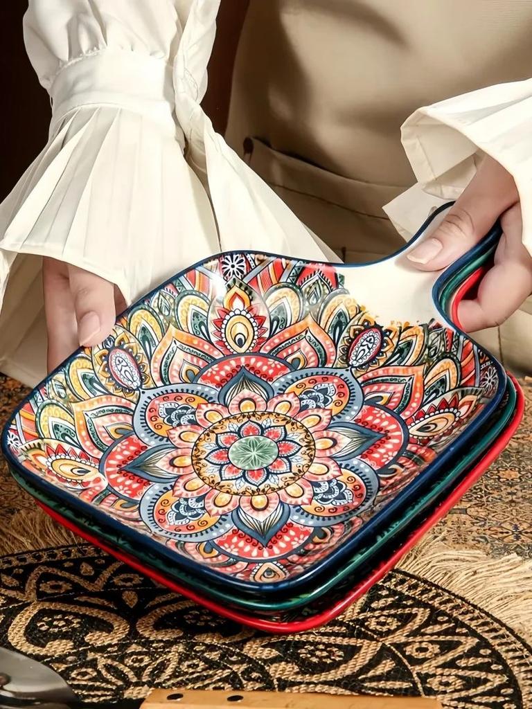 Bohemian Handle Square Ceramic Plate, Creative Household Dish Plate, Internet Celebrity Fruit Pasta Plate, High-value Snack Plat