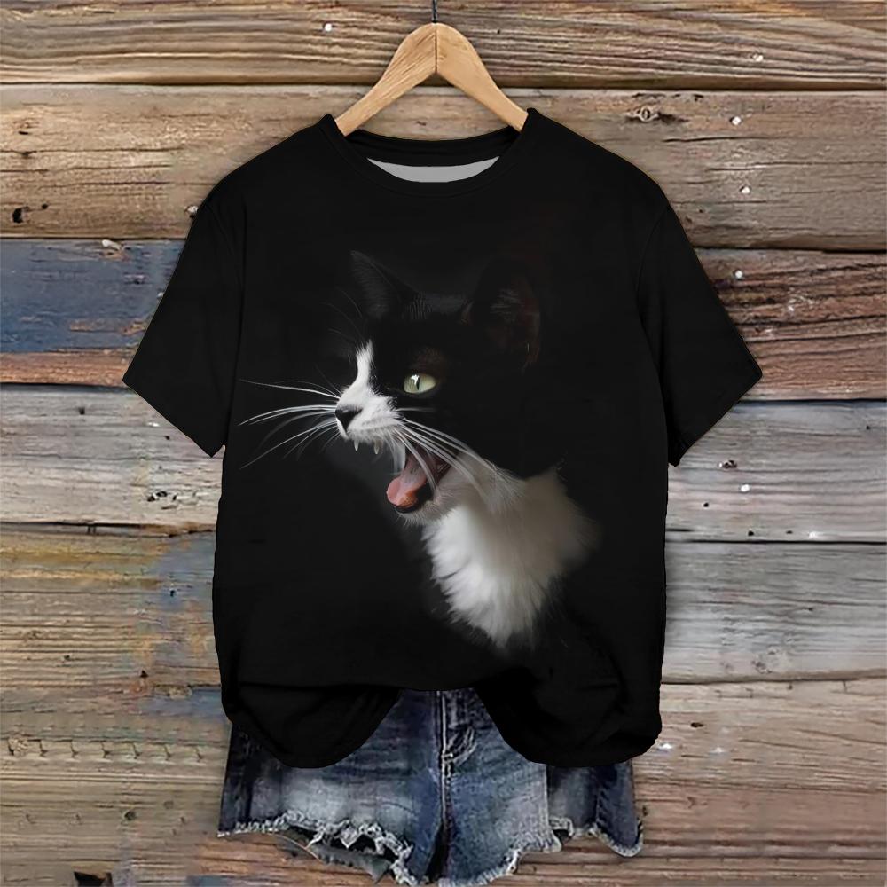 Women‘S 3d Print Black Cat T-Shirts O Neck Short Sleeve Female Clothing Fashions Loose Oversize Streetwear Summer Ventilate Tops