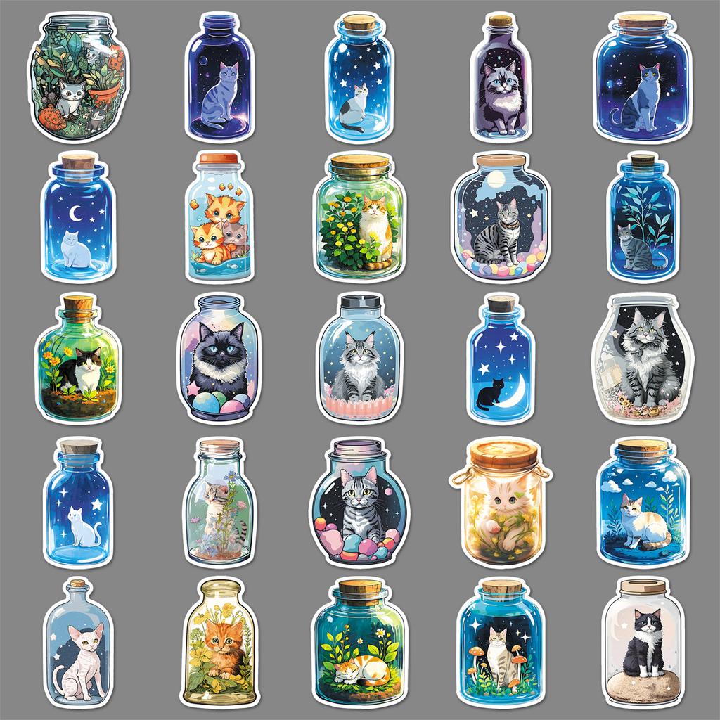 50 Bottles of Cat Doodle Stickers Personalized Cartoon Cute Cat Decorative Mobile Phone Water Cup Creative Stickers