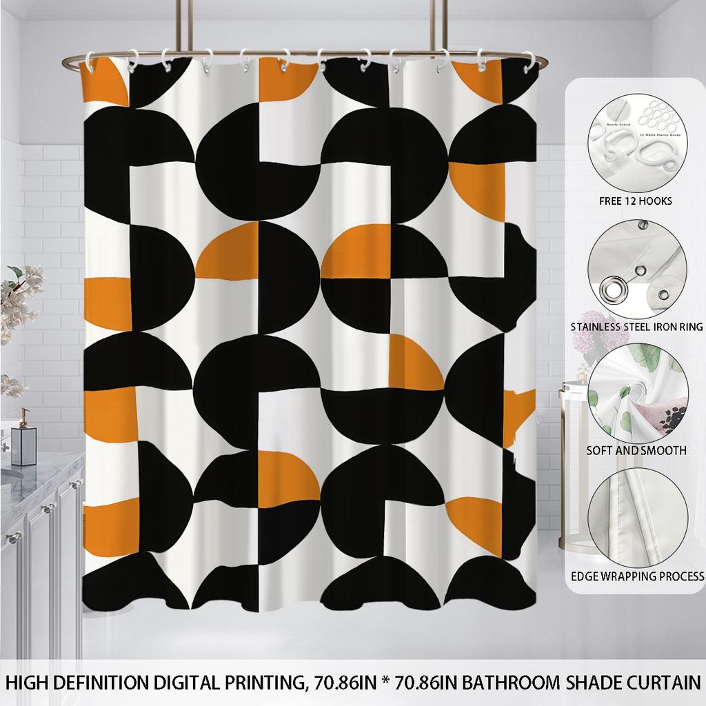 1Pc Geometric Pattern Print Waterproof Shower Curtain Bath Privacy Multi Size Hanging Curtain With 12 Hooks Easy Installation
