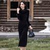 Womens Winter Warm Chinese-Inspired Long Sleeve Cheongsam Dress Black Fleece-Lined Retro Style