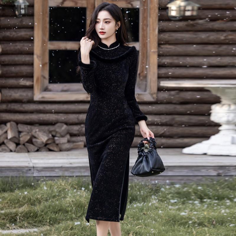 Womens Winter Warm Chinese-Inspired Long Sleeve Cheongsam Dress Black Fleece-Lined Retro Style