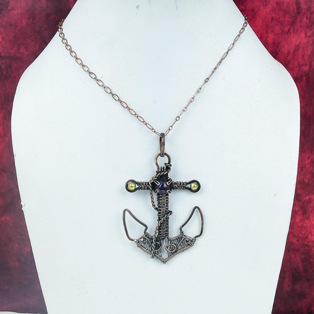 African Amethyst Gemstone Pendant Anchor Jewelry Copper Wire Wrapped Handmade Pendant