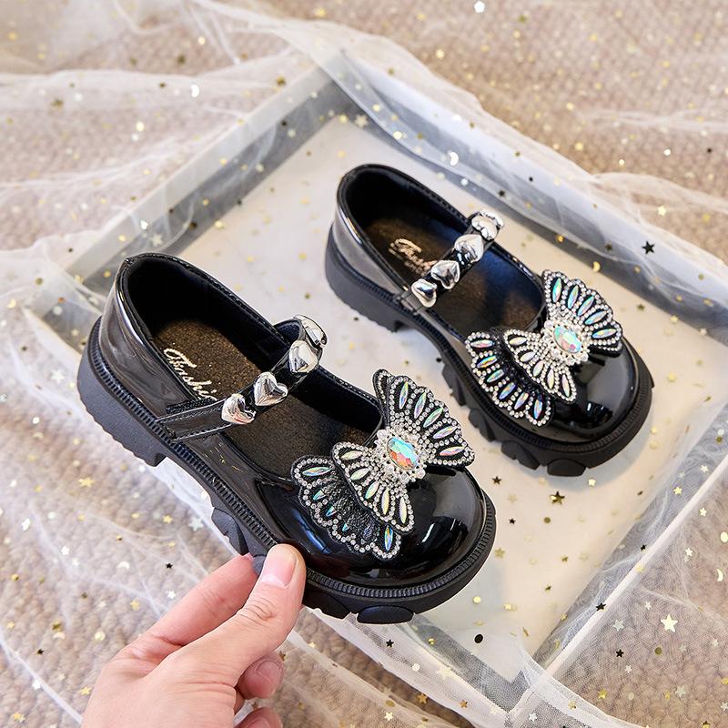 Spring new girls' leather shoes princess shoe rhinestone girl single shoe stylish student shoes bow child shoe performance shoes