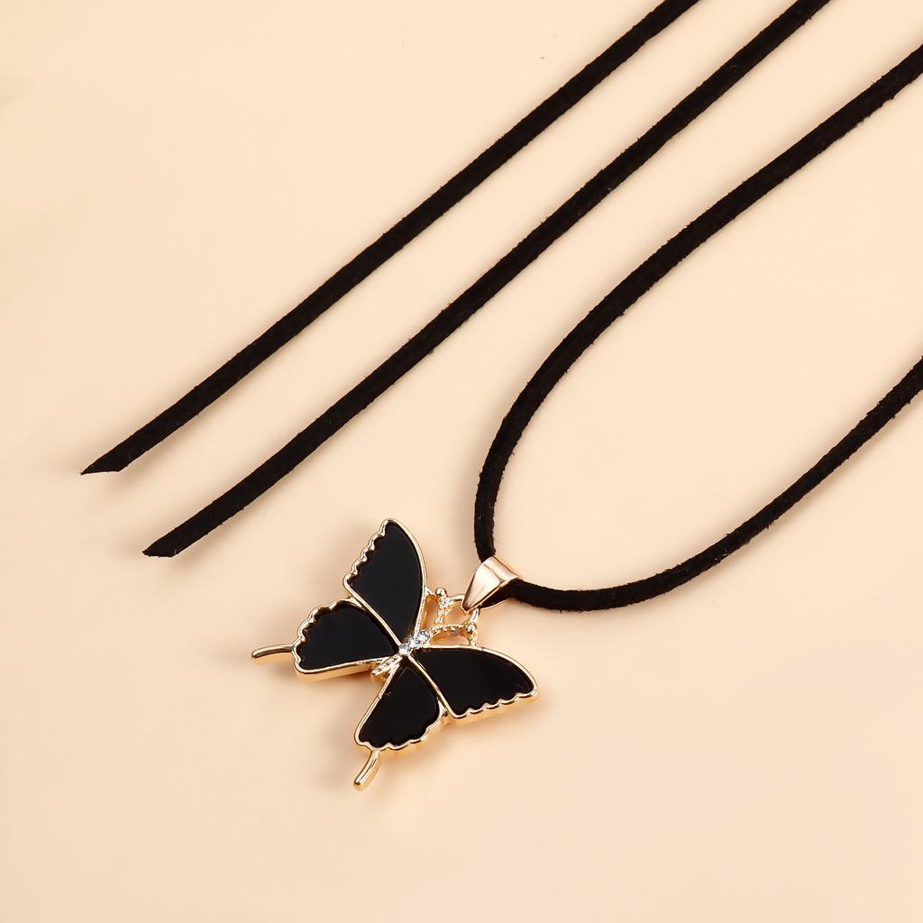 Jewelry Personalized Velvet Rope Black Imitation Fritillary Butterfly Alloy Pendant Necklace Pull Adjustable