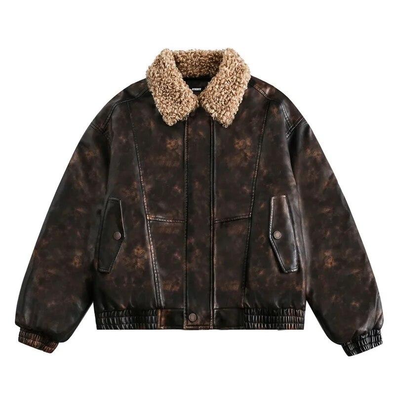 

Winter Vintage PU Leather Couple Parka Lamb Velvet Lapel Warm and Casual Loose Fitting Coat Men s Street Fashion Hip-hop Top