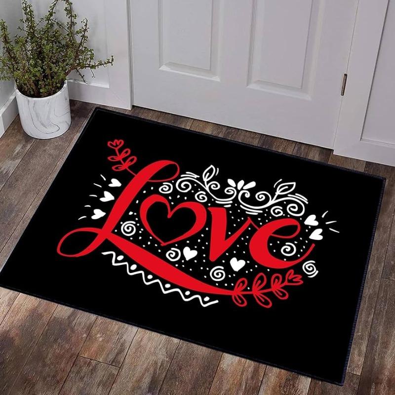"One Love" Heart Script Door Mat Soft Non-Slip Floor Rug Romantic Sweet Letter Decor Carpet for Entryway Bathroom Kitchen Gift