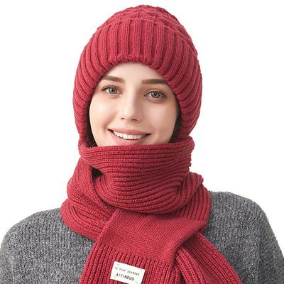 Solid Color Thick Hat Scarf Conjoined Knitted Hat Women's Winter Ear Protection Warm Hat Scarf Kit