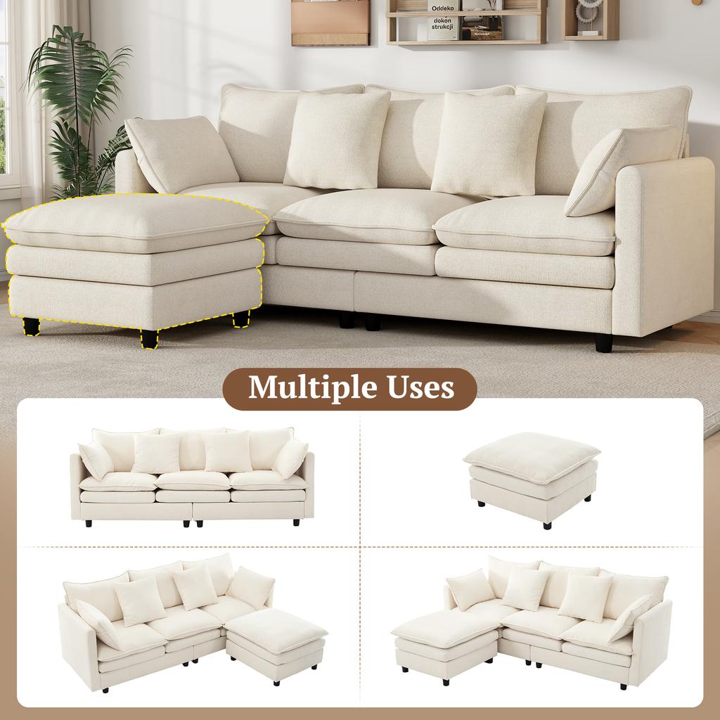 L-Shaped Corner Sofa with 4 Cushions and 3 Backrests, 3-Seater Sofa with Chaise Longue, Capacity Up To 120 Kg, Living Room Sofa 212×150×90 Cm, Beige