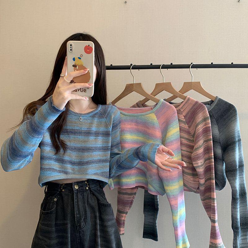 French Retro Designed Striped Knit Top Women's Spring Autumn Irregular Loose Short Long Sleeve Top