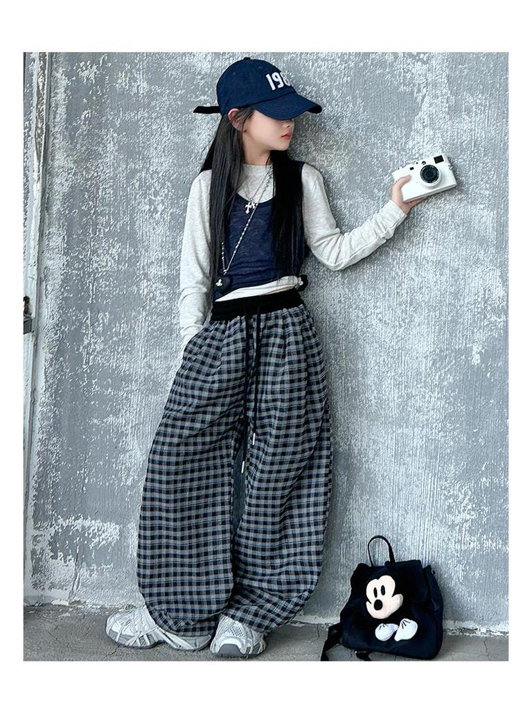 Girls' Spring/Autumn Plaid Wide-Leg Pants 2025 - Trendy Big Girls' Korean Scimitar Style