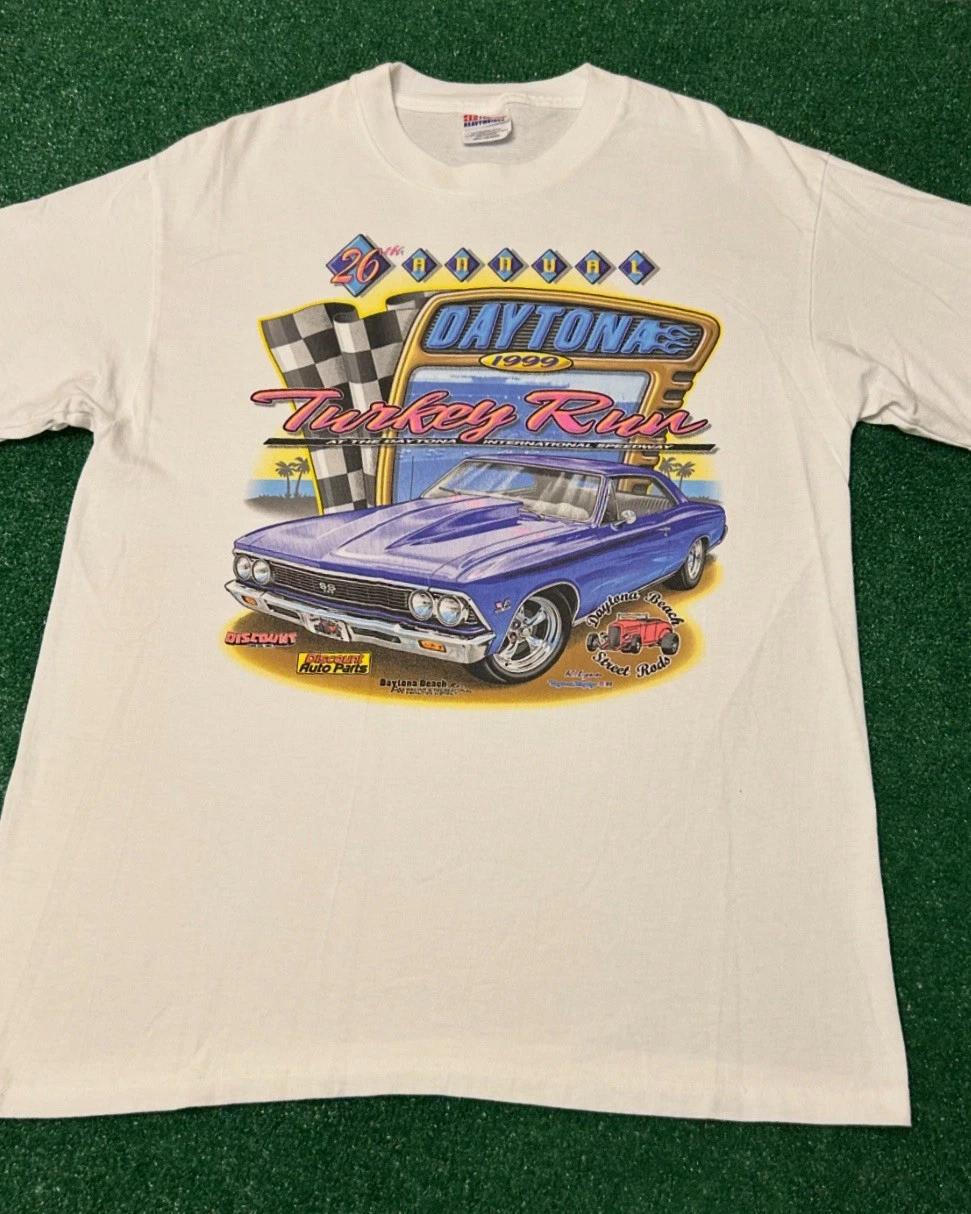 

Vintage 90s Daytona Turkey Run 1999 Hot Rod Classic Car NASCAR Racing Shirt Sz L 4XL