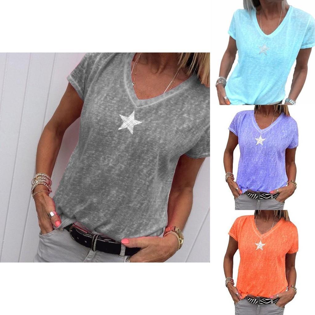 Stylish Women V-neck T-shirt Casual Loose Star Summer Shirts Solid Short Sleeve Perfect For Outdoor Activities