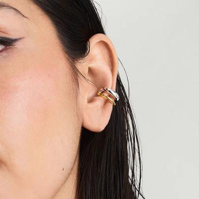Pendiente de Clip Doble Capa Hueco Bicolor de Acero Inoxidable para Mujer Chapado en Oro de 18 Quilates Ear Cuff Sin Perforación Joyería Impermeable Regalo
