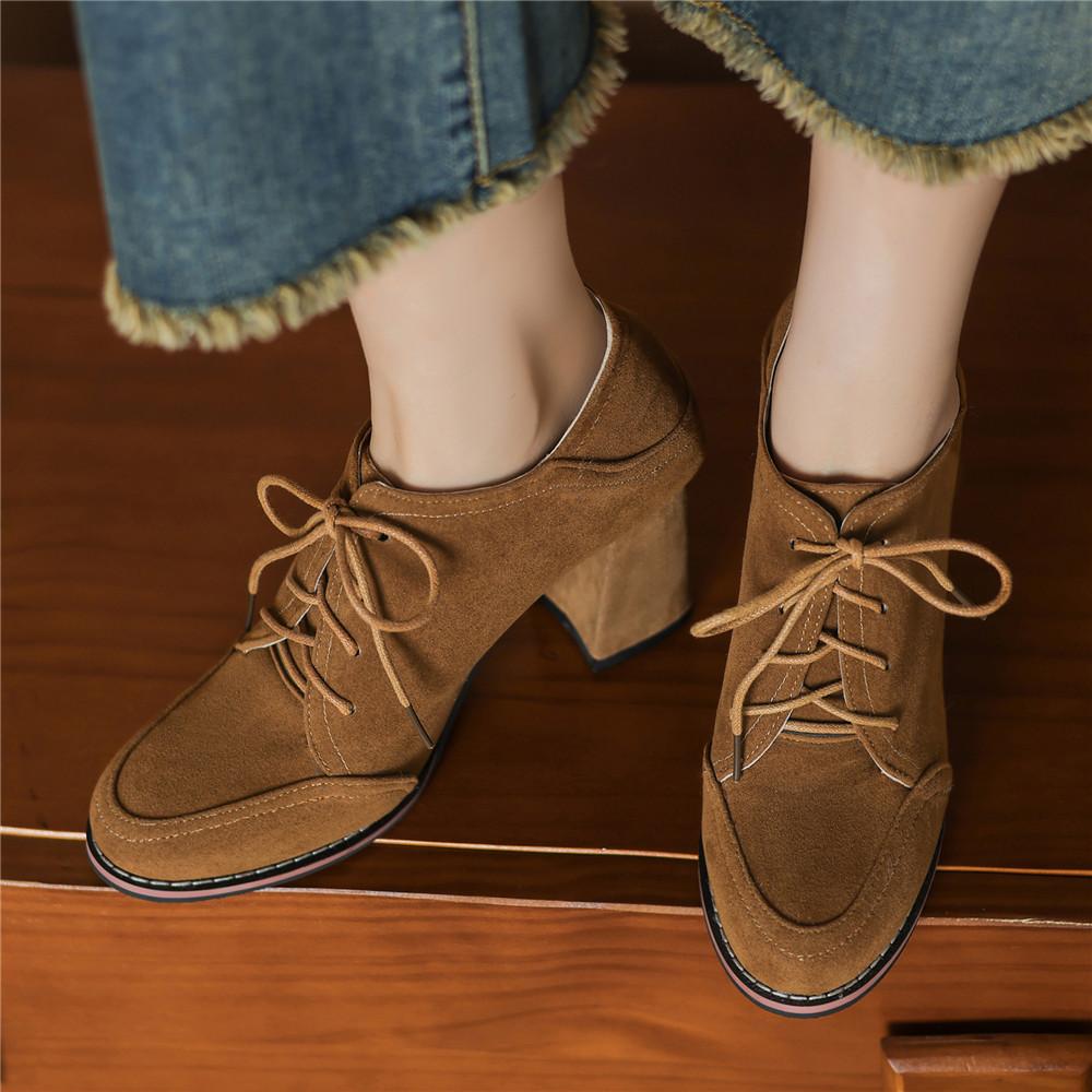 Women Lace Up Platform Pumps Square Heel Round Toe High Heels British Style Oxfords Autumn Low Top Student Shoes Black Booties
