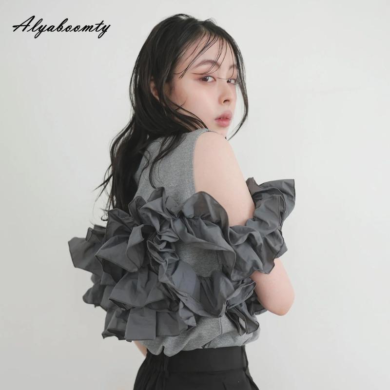Summer Women Stylish Streetwear T-Shirt Black Gray Apricot Off Shoulder Ruffles Tee Fashion Ladies' Patchwork Top
