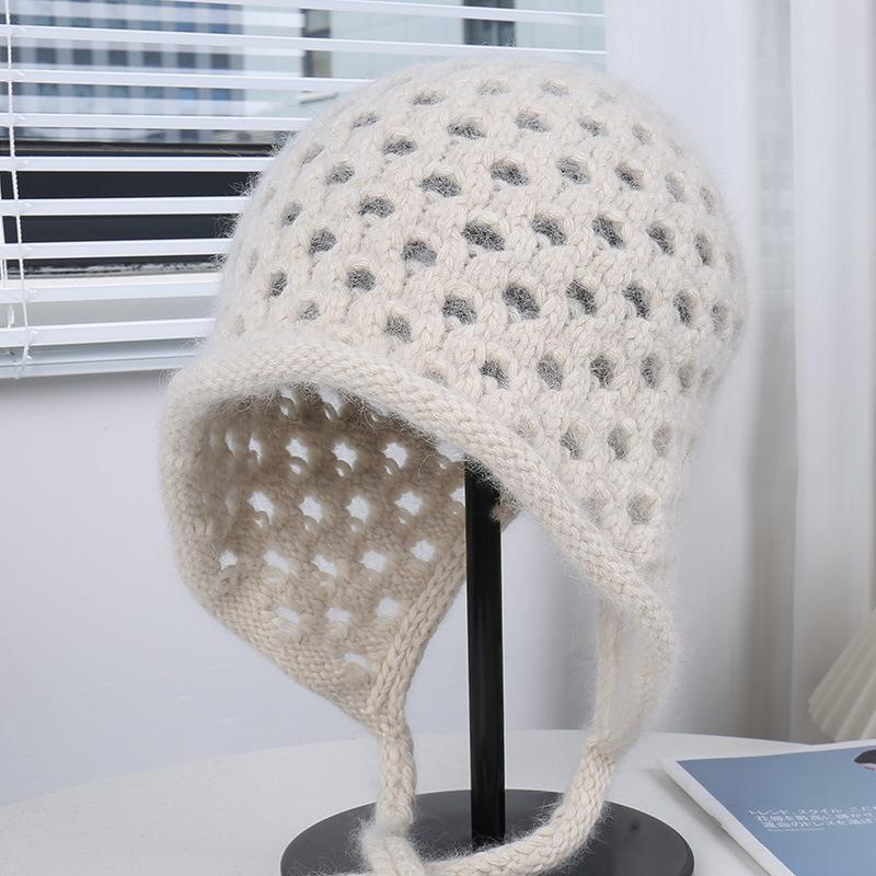 Source thick thread hollow braided lace-up pure rabbit hair knitted hat women's new retro ear protector wool hat