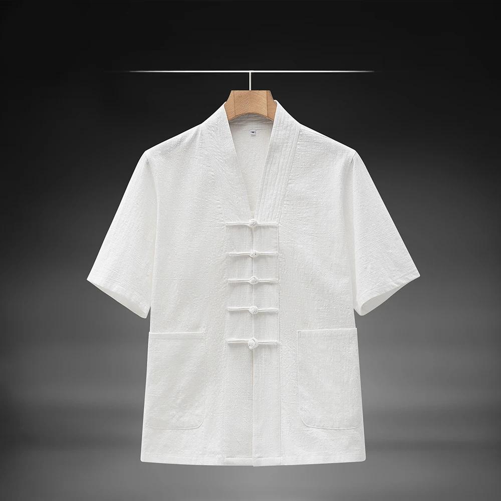 Men New Chinese Style Shirt Summer Cotton Linen Shirts Short Sleeve Stand Collar Frog Button Hanfu Traditional Casual Blouse