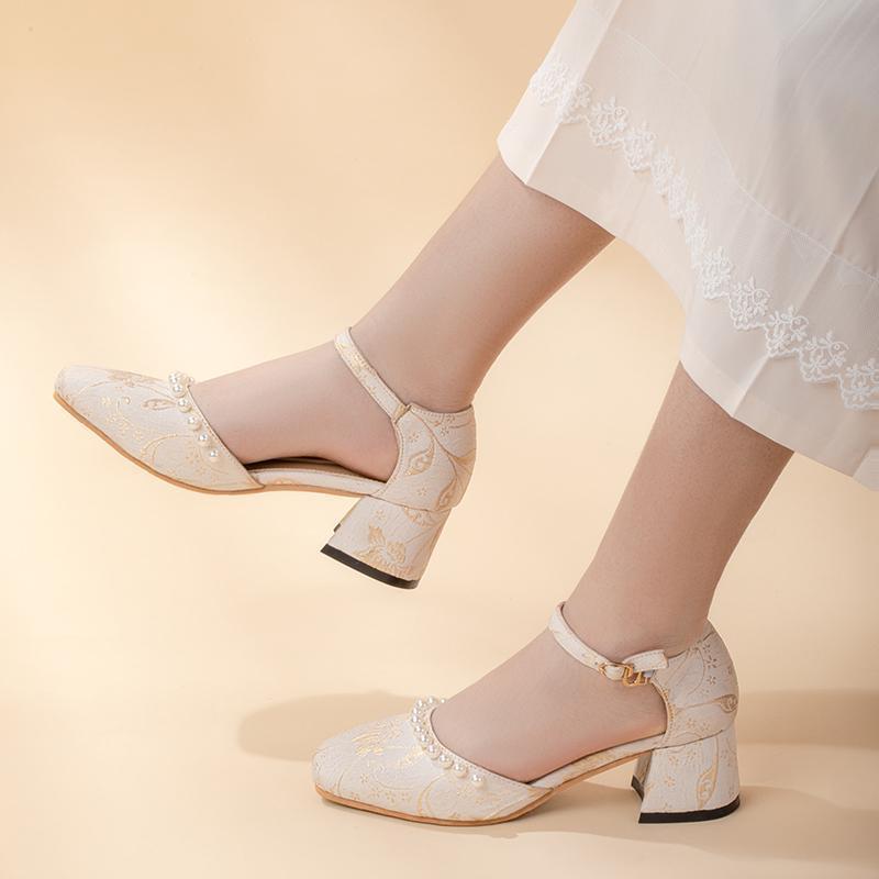 Mary Jane Women's Hanfu Single Shoes 2025 New Summer Pearl Retro Daily Mix and Match Not Tired Feet Antique High Heels