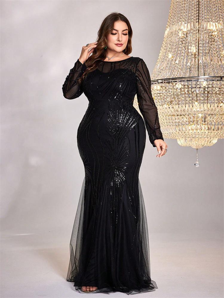 Plus Size Sequined Mermaid Bridesmaid Gown - Elegant Slim Fit with Round Neck for Evening or Banquet