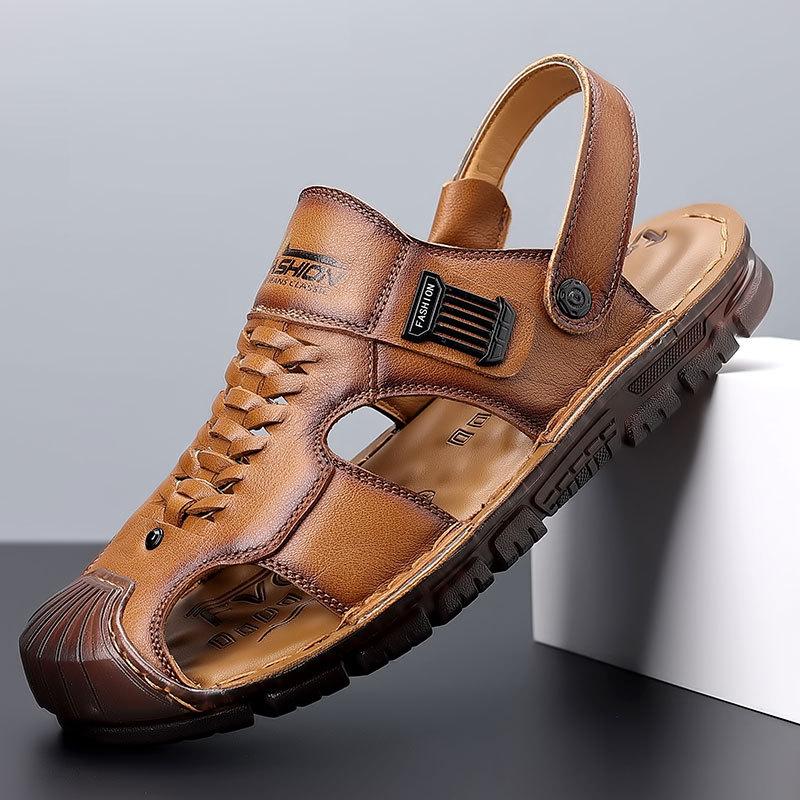 2025 men's shoes summer leather beef tendon sole sandals men's bag head beach shoes summer casual outdoor dual-purpose sandals non-slip