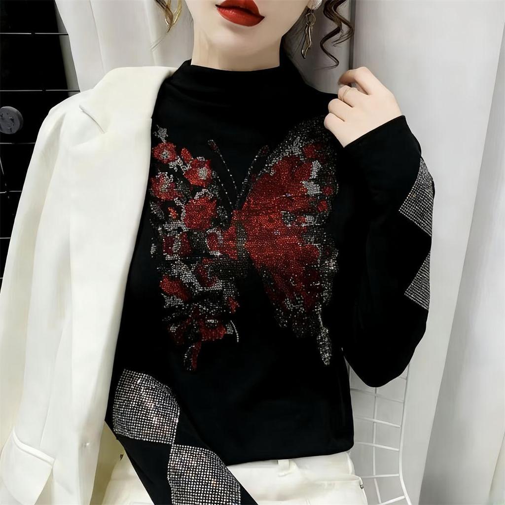 Elegant Shiny Rhinestone Long-Sleeve Top for Women - Autumn/Winter Style, Versatile Half-High Collar Base Layer