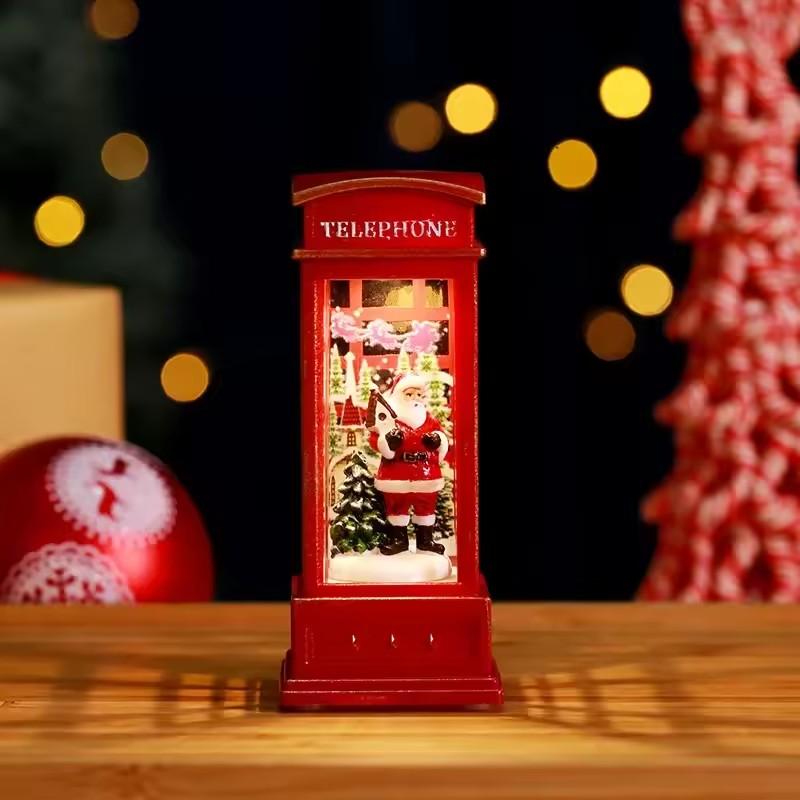 Christmas Phone Booth Decoration with Santa Claus, Snowman & Tree - Red Retro Telephone Booth Ornament With Light Home Decorator