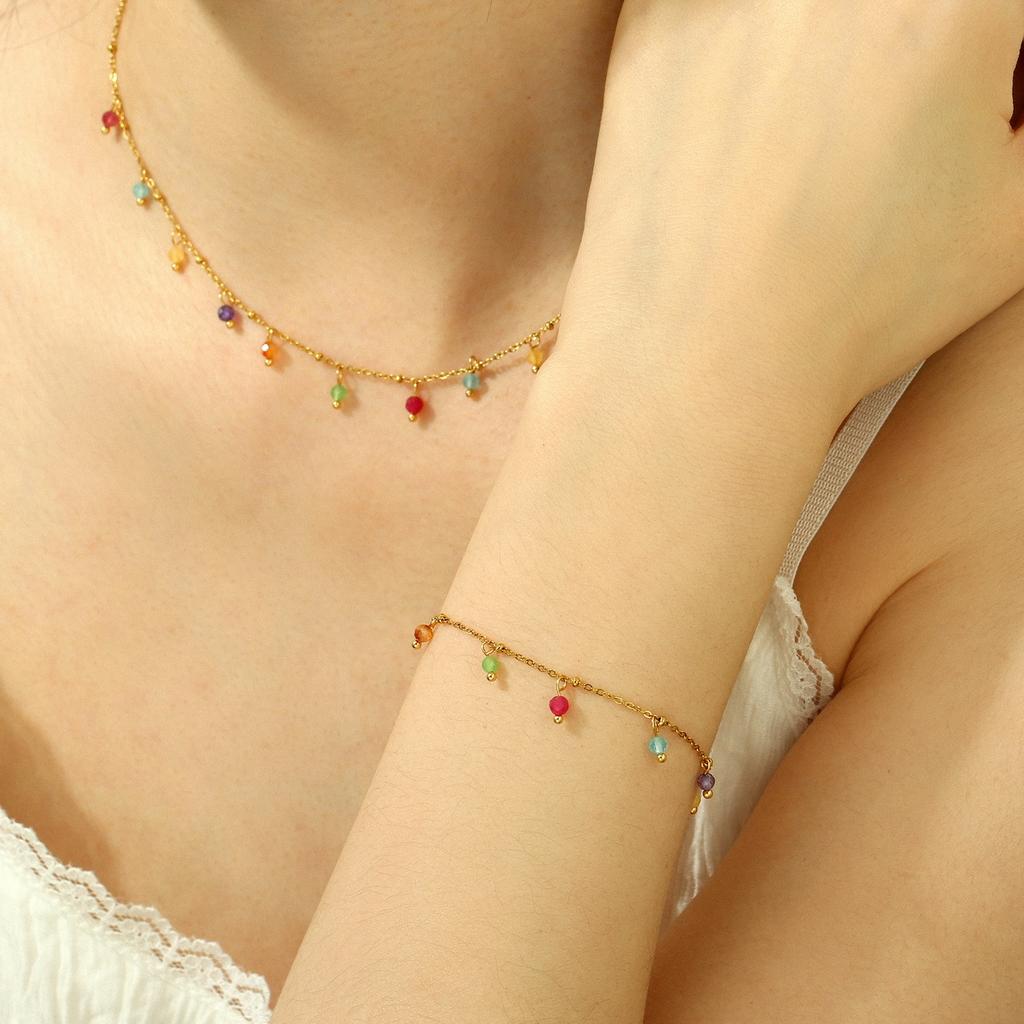 Women 18k Gold Plated Colorful Natural Stone Tassel Clavicle Necklace