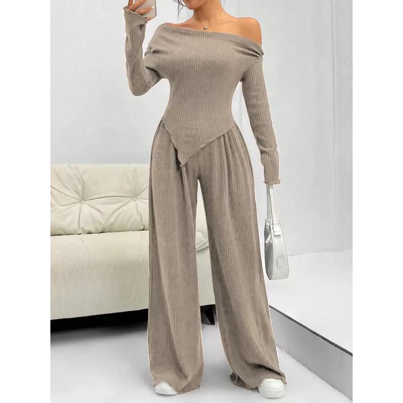 Elegant One-Shoulder Solid Color Two-Piece Set with Irregular Long Sleeve & Wide-Leg Pants for Women