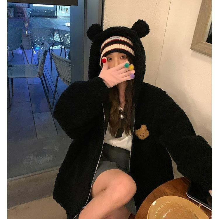 

Свитер из овечьей шерсти с медвежьими ушками, женский кардиган на молнии, осенне-зимняя шерстяная куртка в ленивом стиле, женская S чёрный