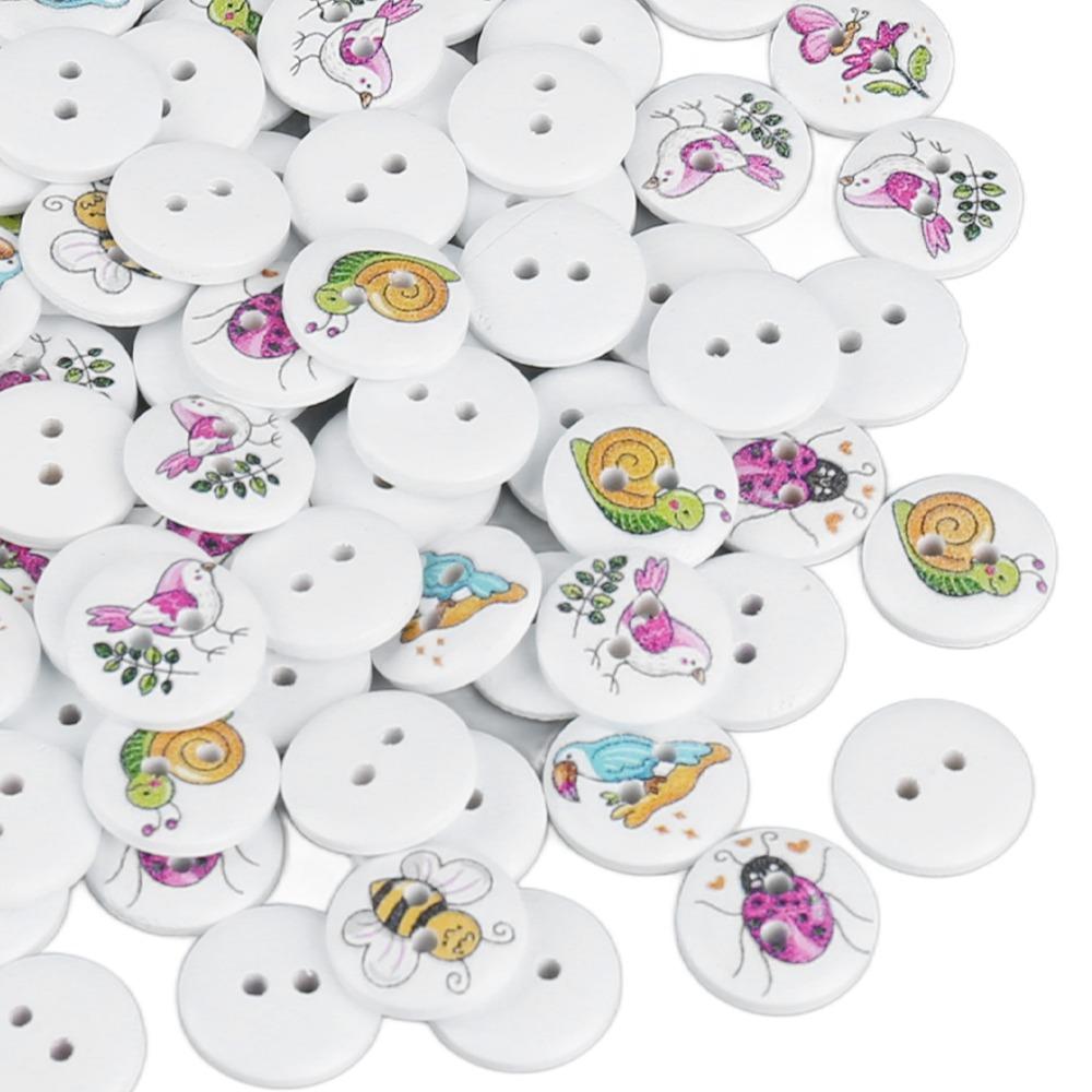 100pcs 2 Holes Wooden Buttons Mixed Printed Round Buttons Cartoon Decorative Buttons  For DIY Crafts