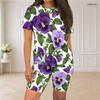 Women Plus Size Round Neck Short Sleeve White Lemon Printed Two Piece Shorts Set