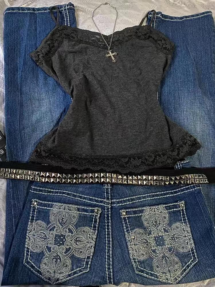 Cool Punk Harajuku Lace Solid Color Y2k Tank Top Casual Hip Hop Sleeveless Top Unique Grunge Goth Crop Top Streetwear Vest Retro