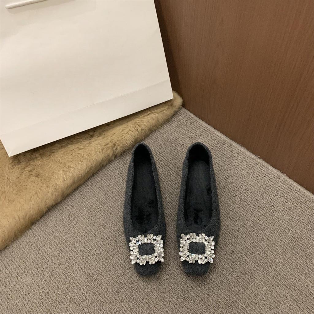 Inner heightening fluffy shoes Rhinestone buckle fleece warm Mary Jane shoes single shoes