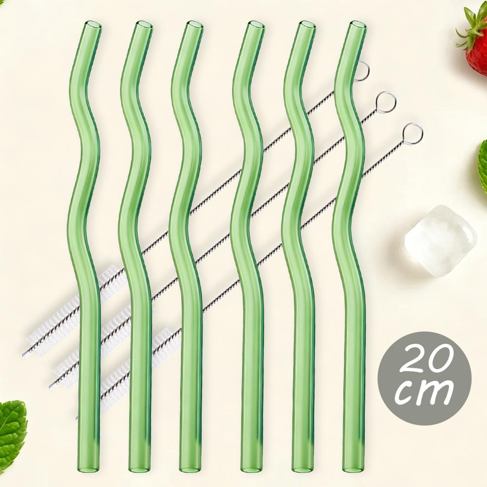 6Pcs Pink 200*8mm Glass Straws Wavy Drinking Straw Set with 3 Brush High Borosilicate Glass Straw Kitchen Party Bar Drinkware