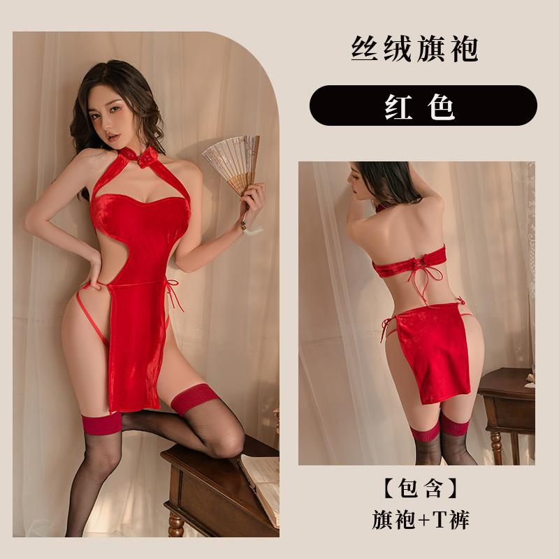 Sexy lingerie women's sexy hot lace-up cheongsam split-ended hot long dress pajamas uniform set