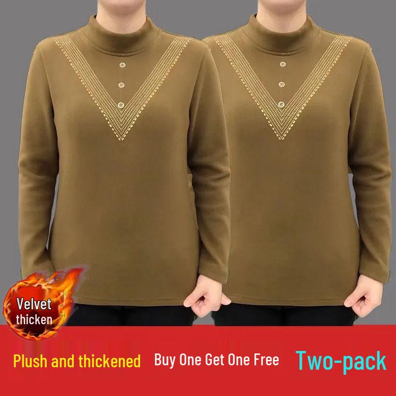 Double-Sided Threaded Velvet Rhinestone Slimming Semi-High Neck Top - Autumn/Winter Warm Base Layer