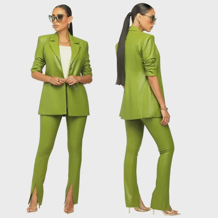 RC3090 Women's V-Neck Leather Split-Leg Pants Suit - European & American Style