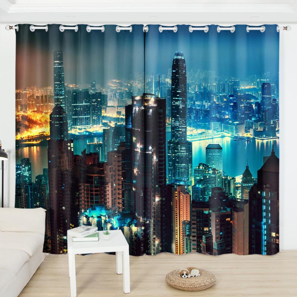 2 Panel Hong Kong City Schöne Nachtansicht Schatten Vorhang Custom Schlafzimmer Wohnzimmer Studio Fenster Vorhang Grommet Top Cortinas