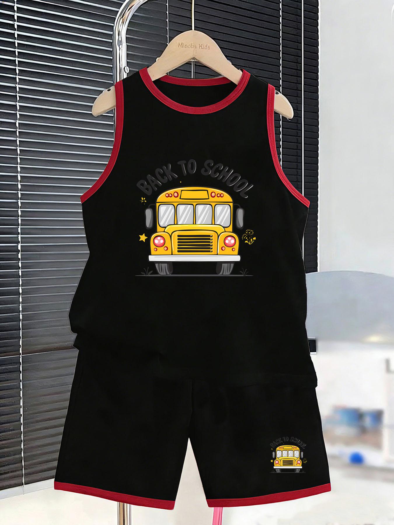 Boys’ back-to-school set with school bus print. Soft breathable fabric, loose fit for school & daily wear. 2-3Y чёрный