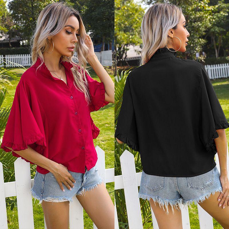

Top Fashion Solid Color Ruffled Shirt Tops Fashion Pure Color Ruffles Shirt Black XL