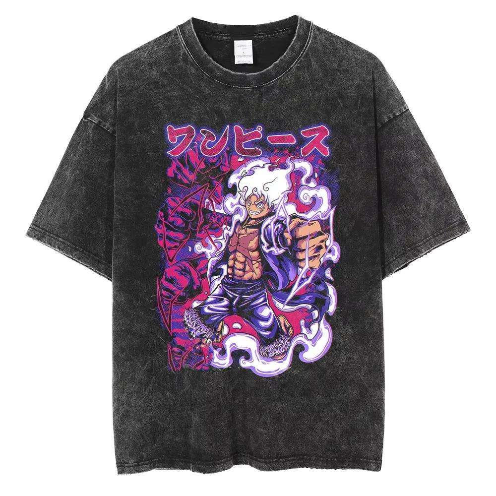 Nika Luffy Gear 5 ONE PIECE Anime Harajuku Retro Washed T-shirt Cotton Men Streetwear Oversized Women Short Sleeves