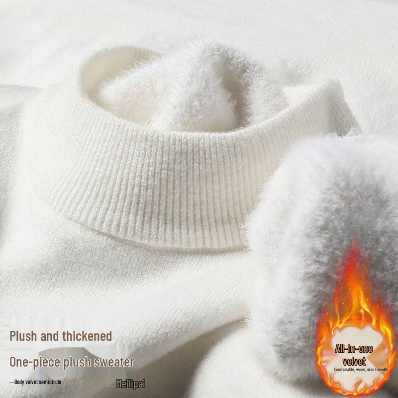 Pulover Tricotat pentru Bărbați, Mărimi Mari, cu Gât Înalt și Catifea Interioară - Îngroșat, Călduros, Casual, Strat de Bază pentru Iarnă