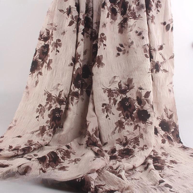 

New Ink Print Floral Dress Fabric French Loose Halter Slimming Chinese Style Bubble Skirt Fabric Sewing for Clothes Dresses 100x150cm