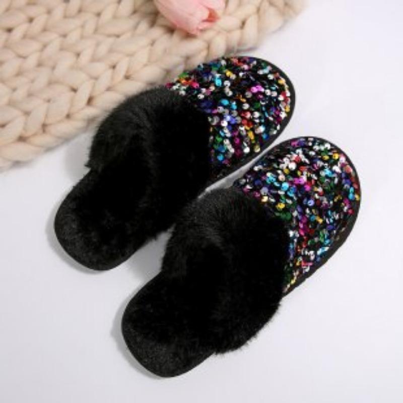 Baotou sequined cotton slippers women's fashion plush slippers home indoor fluffy slippers women