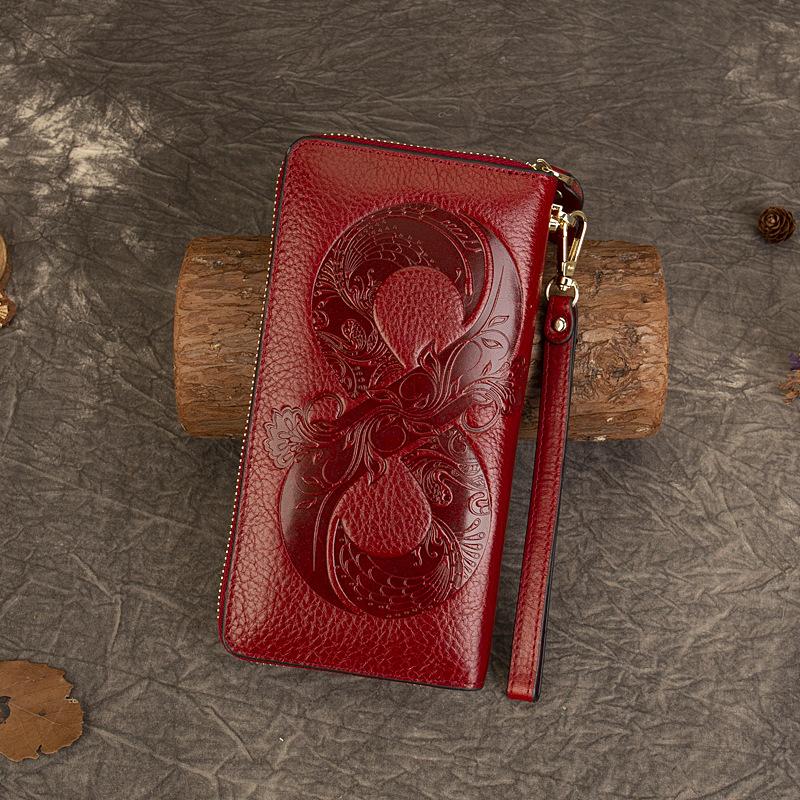 First Layer Cowhide Coin Purse Vintage Embossed-hold Bag Multi-function Card Long Purse
