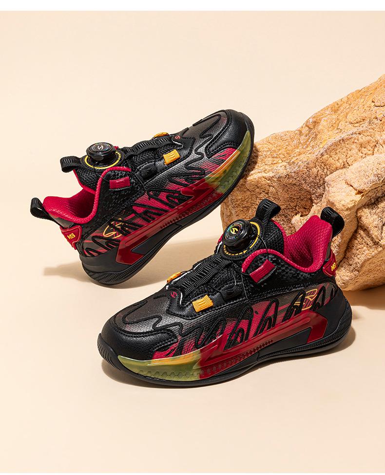 Habi Xiong Boys' Lightweight Leather Basketball Shoes with Rotary Buckle - Perfect for Spring and Autumn Campus and Casual Wear