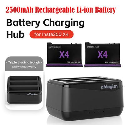 2500mAh Rechargeable Li-ion Battery for Insta 360 X4 , Amagisn Battery Charger 3 Slots Battery Charger For Insta360 X4 Accessory