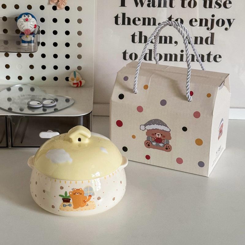 Ins Cute Ceramic Steamed Egg Bowl with Lid Crock Pot Binaural Stew Cup Soup Cup Household Steamed Egg Custard Children's Special Bowl