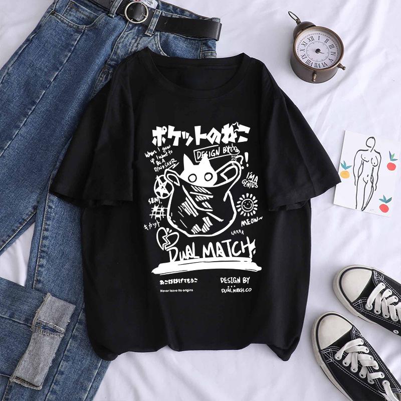 New Men Women Cartoon T-Shirts Harajuku Kawaii Cat Printed Short Sleeve Tees Couple Streetwear Clothes Y2K Tops Graphic T Shirts